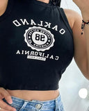 Letter Pattern O neck Crop Tank Top