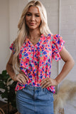 Rose Red Abstract Print Ruffled Sleeve V Neck Blouse