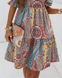 Puff Sleeve Off Shoulder Paisley Print Swing Dress