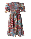 Puff Sleeve Off Shoulder Paisley Print Swing Dress