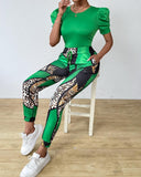 Puff Sleeve Top & Baroque Leopard Print Pants Set