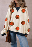 White GAME DAY Basketball Pattern Color Block Oversized Sweatshirt