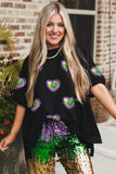Black Sequin Mardi Gras Heart Patched Oversized T Shirt