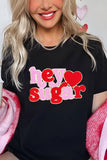 Black Chenille Heart hey sugar Patched Crewneck Valentines Tee