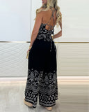 2 Pieces Outfits Tribal Print Keyhole Neck Sleeveless Top and Wide Leg Tied Detail Slit Pants Sets