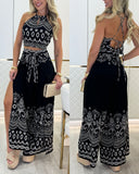 2 Pieces Outfits Tribal Print Keyhole Neck Sleeveless Top and Wide Leg Tied Detail Slit Pants Sets