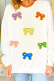 White Chenille Bowknot Patched Graphic Crewneck Sweatshirt