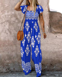 Floral Print Ruffles Strap Shirred Jumpsuit Casual Pocket Design Boho Romper