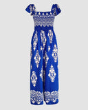 Floral Print Ruffles Strap Shirred Jumpsuit Casual Pocket Design Boho Romper