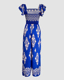 Floral Print Ruffles Strap Shirred Jumpsuit Casual Pocket Design Boho Romper