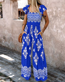 Floral Print Ruffles Strap Shirred Jumpsuit Casual Pocket Design Boho Romper