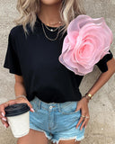 Colorblock Rose Detail Casual T Shirt