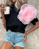 Colorblock Rose Detail Casual T Shirt