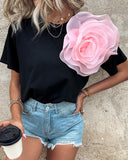 Colorblock Rose Detail Casual T Shirt