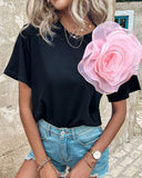 Colorblock Rose Detail Casual T Shirt