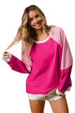 Strawberry Pink Striped Patchwork Crew Neck Raglan Sleeve Top