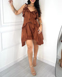 2 Pieces Outfit V Neck Spaghetti Strap Ruffles Top and Casual Shorts Set