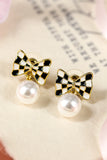 Black Checkered Bow Knot Pearl Pendant Stud Earrings