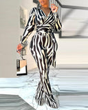 Colorblock Zebra Stripe Print V Neck Long Sleeve Jumpsuit Casual Tied Detail Wide Leg Romper