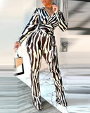 Colorblock Zebra Stripe Print V Neck Long Sleeve Jumpsuit Casual Tied Detail Wide Leg Romper