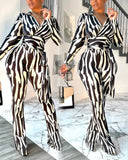 Colorblock Zebra Stripe Print V Neck Long Sleeve Jumpsuit Casual Tied Detail Wide Leg Romper