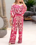2 Pieces Outfit Baroque Print Off Shoulder Side Drawstring Loose Top and Casual High Waist Wide Leg Pants Set