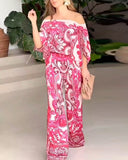 2 Pieces Outfit Baroque Print Off Shoulder Side Drawstring Loose Top and Casual High Waist Wide Leg Pants Set