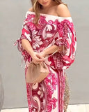 2 Pieces Outfit Baroque Print Off Shoulder Side Drawstring Loose Top and Casual High Waist Wide Leg Pants Set