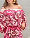 2 Pieces Outfit Baroque Print Off Shoulder Side Drawstring Loose Top and Casual High Waist Wide Leg Pants Set