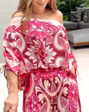 2 Pieces Outfit Baroque Print Off Shoulder Side Drawstring Loose Top and Casual High Waist Wide Leg Pants Set