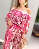 2 Pieces Outfit Baroque Print Off Shoulder Side Drawstring Loose Top and Casual High Waist Wide Leg Pants Set