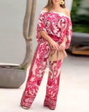 2 Pieces Outfit Baroque Print Off Shoulder Side Drawstring Loose Top and Casual High Waist Wide Leg Pants Set