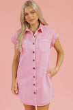 Pink Short Sleeve Double Chest Pocket Denim Shirt Dress