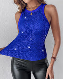 Allover Sequin O neck Sleeveless Tank Tops Slim Fitted Shirt