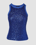 Allover Sequin O neck Sleeveless Tank Tops Slim Fitted Shirt