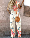 Floral Print Ruffles Strap Shirred Jumpsuit Casual Pocket Design Boho Romper