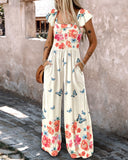 Floral Print Ruffles Strap Shirred Jumpsuit Casual Pocket Design Boho Romper