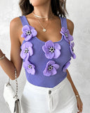 Floral Pattern Beaded Knit Tank Top