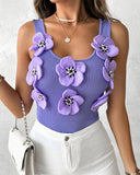 Floral Pattern Beaded Knit Tank Top