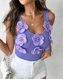 Floral Pattern Beaded Knit Tank Top