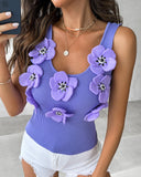 Floral Pattern Beaded Knit Tank Top