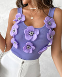 Floral Pattern Beaded Knit Tank Top