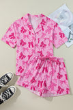 Pink Bow Print Half Sleeve Shirt and Shorts Pajamas Set