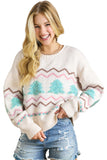 White Striped Christmas Tree Ribbed Trim Drop Shoulder Sweater