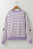 Purple Stripe Sequin Fleur De Lis Patched Drop Shoulder Long Sleeve Top