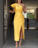 Asymmetrical Neck Ruffles Hollow out Dress Casual Twist Slit Maxi Dress