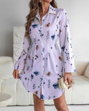 Floral Print Turn down Collar Turn Up Sleeves Shirred Back Dress Casual Button Down Cinched Waist Curved Hem Shirt Dress