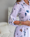 Floral Print Turn down Collar Turn Up Sleeves Shirred Back Dress Casual Button Down Cinched Waist Curved Hem Shirt Dress