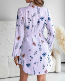 Floral Print Turn down Collar Turn Up Sleeves Shirred Back Dress Casual Button Down Cinched Waist Curved Hem Shirt Dress
