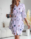 Floral Print Turn down Collar Turn Up Sleeves Shirred Back Dress Casual Button Down Cinched Waist Curved Hem Shirt Dress